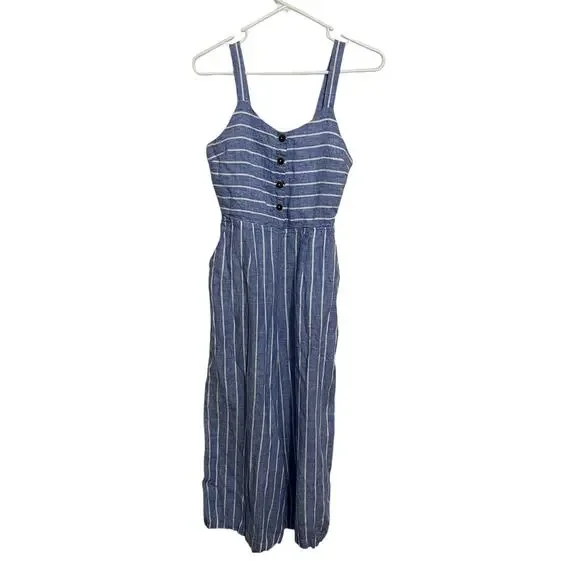C&C California | Women's Beachy Blue White Stripe 100% Linen Capri Romper Sz 2 - Picture 2 of 6
